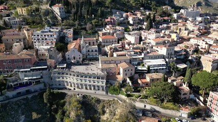 Taormina, Sicily. March 29, 2023. Panoramic aerial view of Isola Bella island and beach in Taormina. Giardini-Naxos bay, Ionian sea coast, Taormina, Sicily, Italy