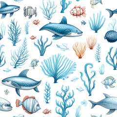 Sea life underwater seamless pattern background.