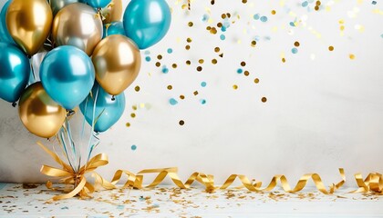 Holiday background with golden and blue metallic balloons, confetti and ribbons. Festive card for birthday party, anniversary, new year, christmas or other events