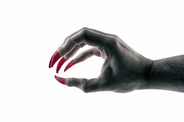 Creepy monster hand with red claws isolated on white background with clipping path