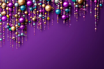 Beads on a purple background, suitable for design with copy space, Mardi Gras celebration. - obrazy, fototapety, plakaty