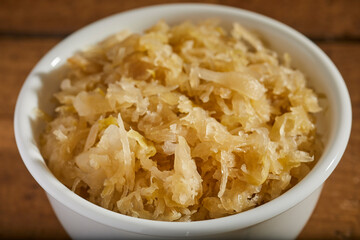 A bowl of homemade sauerkraut from an Amish farm in Lancaster County, Pennsylvania, USA