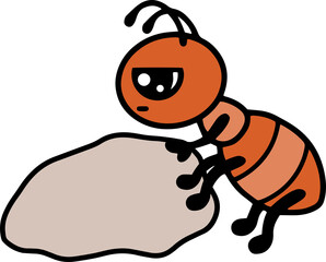 Line art ant with rock