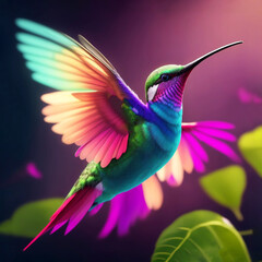 A hummingbird feeding on honey from a flower Vibrant color background, AI Generated.