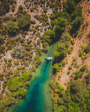 Aerial topdown shot of boats on the Verdon River, Provence, France.