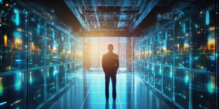 A man standing in the middle of a server room. - Powered by Adobe