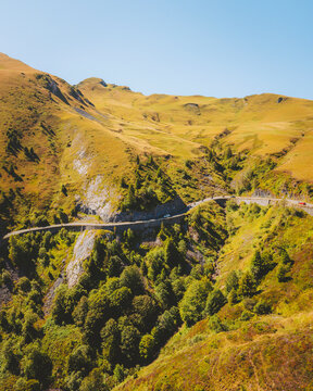 Aerial view of the Mountain Road Pass Col d'Aubisque, Nouvelle Aquitaine, France.