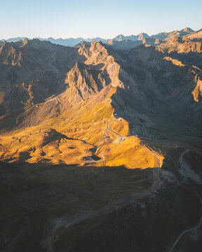 Aerial view of the Mountain Road Pass of Col du Tourmalet, Pyrenees Mountains, Occitanie, France.