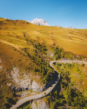 Aerial view of the Mountain Road Pass Col d'Aubisque, Nouvelle Aquitaine, France.