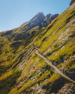 Aerial view of the Mountain Road Pass Col d'Aubisque, Nouvelle Aquitaine, France.