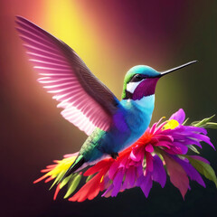 Obraz premium A hummingbird feeding on honey from a flower Vibrant color background, AI Generated.