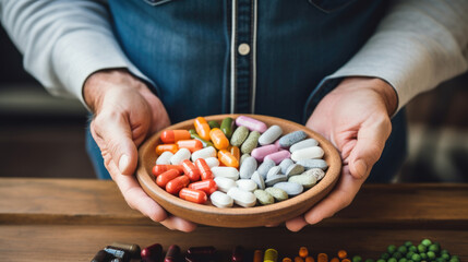 A person holding a wooden bowl filled with assorted pills. - obrazy, fototapety, plakaty