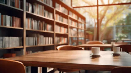  Table with coffee and books with modern looking library background, sun light  © Werckmeister