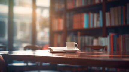 Table with coffee and books with modern looking library background, sun light  - Powered by Adobe