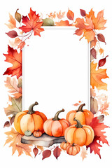 Naklejka na ściany i meble Greeting card template with pumpkins and maple leaves. Watercolor illustration. Design for Thanksgiving and Harvest Festival