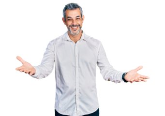 Middle age hispanic with grey hair wearing casual white shirt smiling cheerful offering hands giving assistance and acceptance.