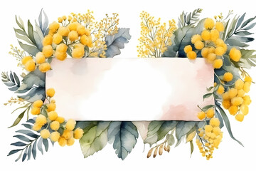 Greeting card template with mimosa. Watercolor illustration. Design for International Women's Day