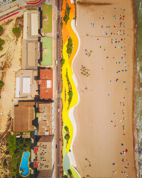 Aerial view of Benidorm's colourful beach pattern, Valenciana, Spain.