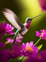 Fototapeta premium A hummingbird feeding on honey from a flower Vibrant color background, AI Generated.