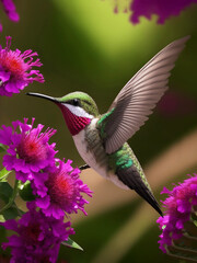 Fototapeta premium A hummingbird feeding on honey from a flower Vibrant color background, AI Generated.