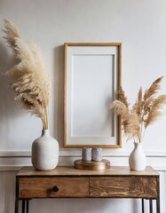 Poster frame on white wall above wooden shelf with vase with pampas grass. Scandinavian home interior design of modern living room