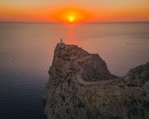Aerial view of Cape Formentor at sunrise, Mallorca Island, Baleares, Spain.