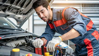 Fototapeta premium Technician Hands of car mechanic working repair in auto repair Service electric battery and Maintenance of car battery. Check the electrical system inside the car