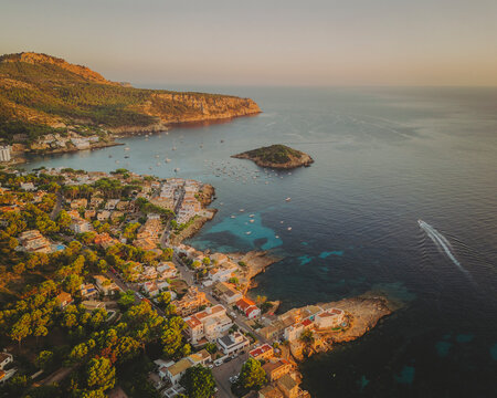 Aerial view of the island Pantaleu and the village Sant Elm, Mallorca, Isla Baleares, Spain.