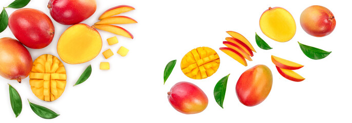 Mango fruit and half with slices isolated on white background with copy space for your text. Top...