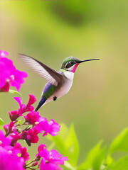 Fototapeta premium A hummingbird feeding on honey from a flower Vibrant color background, AI Generated.