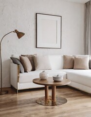 Round accent coffee table near white sofa against stucco wall. Scandinavian home interior design of modern living room in farmhouse