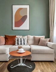 living room interior, Round coffee table near white corner sofa with terra cotta cushions near paneling wall with art poster. Scandinavian home interior design of modern living room