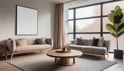 A round wooden coffee table near a sofa and armchair against a window and a wall with a mockup poster frame in a Scandinavian interior design for a modern living room