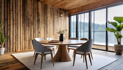 Round wooden slab dining table and chairs around it against barn wood board paneling wall. Japandi interior design of modern dining room. - obrazy, fototapety, plakaty