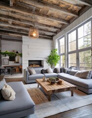 Rustic interior design of modern living room with grey sofas.