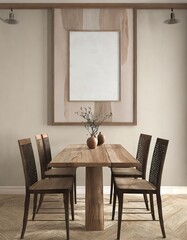 Rustic live edge dining table and wooden log chairs against beige wall with big art poster frame. Farmhouse, japandi interior design of modern dining room