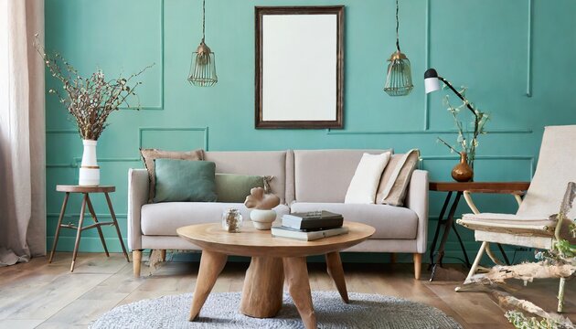 Rustic coffee table near sofa against mint color wall with frame poster. Scandinavian home interior design of modern living room in farmhouse.