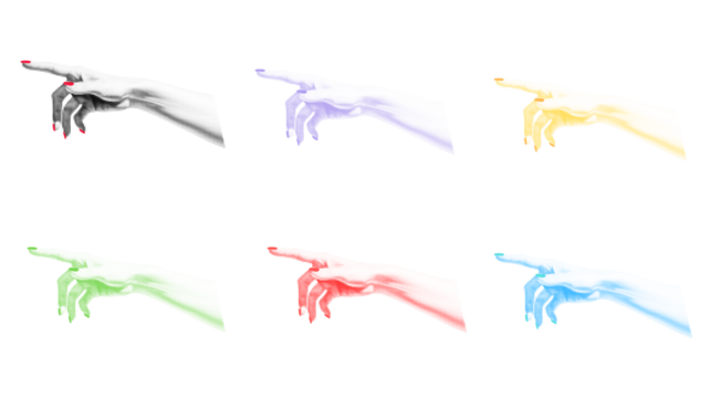 Set of retro colorful pointing arms. Paper cutout elements with. Trendy vintage newspaper pieces. Halftone collage. Red, green, yellow, yellow, purple, blue, black. Transparent background. PNG. - Powered by Adobe