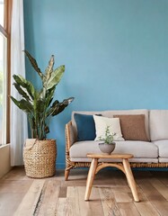 Rustic sofa and wood side table next to wicker basket with houseplant against blue wall with copy space. Scandinavian home interior design of modern living room in farmhouse - obrazy, fototapety, plakaty