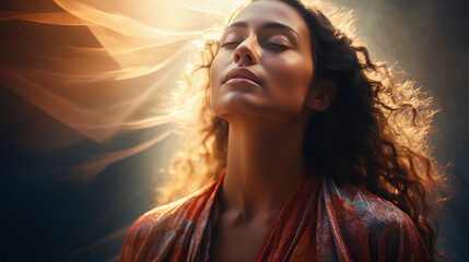 A woman in a calm spiritual state. The light around her - obrazy, fototapety, plakaty