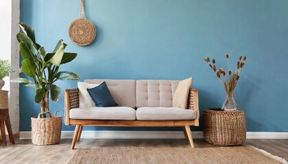 Rustic sofa and wood side table next to wicker basket with houseplant against blue wall with copy space. Scandinavian home interior design of modern living room in farmhouse - obrazy, fototapety, plakaty