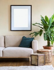 Rustic sofa next to potted houseplant against beige wall with blank frame poster. Scandinavian home interior design of modern living room in farmhouse.
