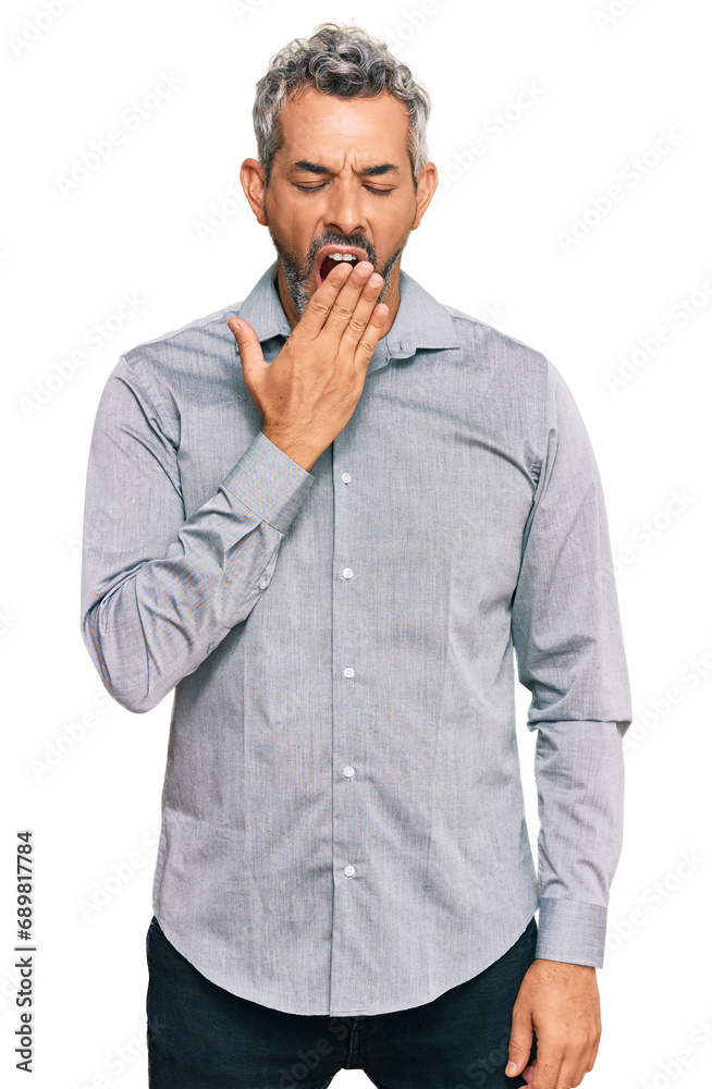 Sticker Middle age grey-haired man wearing casual clothes bored yawning tired covering mouth with hand. restless and sleepiness.