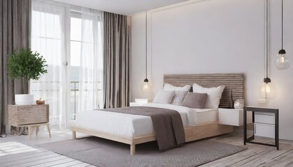Scandinavian style interior design of modern bedroom.
