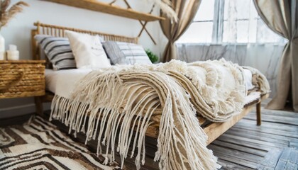 Fototapeta na wymiar Close up of wooden bed with fringed cream plaid in bedroom scandinavian style