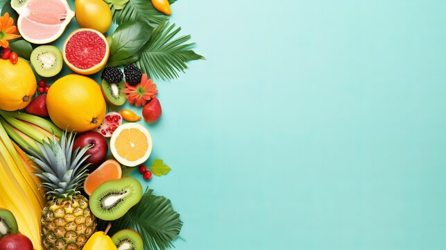 A pastel turquoise background is used for the banner, which showcases exotic fruits and tropical palm leaves including papaya, mango, pineapple, banana, carambola, dragonfruit, kiwi, lemon,