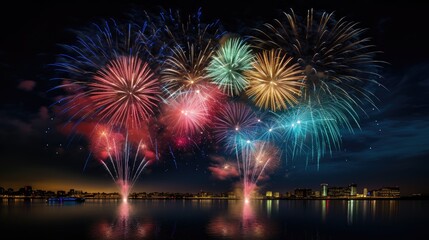Fototapeta na wymiar magic of celebration with a stunning image of bright multi-colored fireworks lighting up the dark sky.