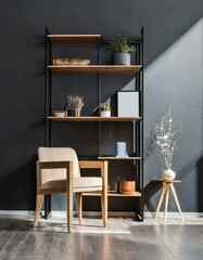 Shelving unit and console table near dark wall. Scandinavian style interior design of modern living room with wooden chair.