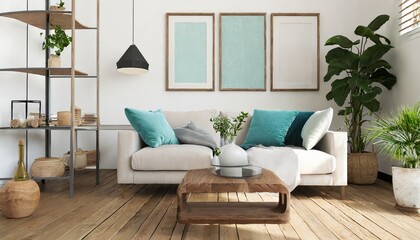 Scandinavian, mid-century home interior design of modern living room in farmhouse. Sofa with mint pillows and wooden side tables