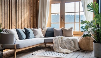 Sofa with pillows and blanket against window in room with wooden paneling wall. Scandinavian style home interior design of modern living room